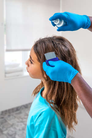 Mother treating daughters hair against lice ith spray treamentの写真素材