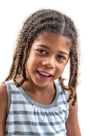 little girl doing facial expressions face on white background