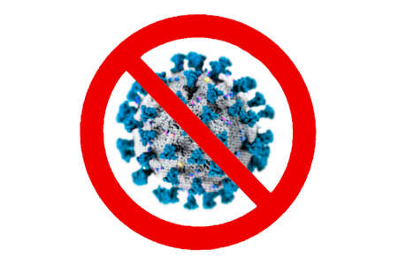 icon stops corona virus. Red prohibition sign on top Concept of stopping the transmission of corona virusの写真素材