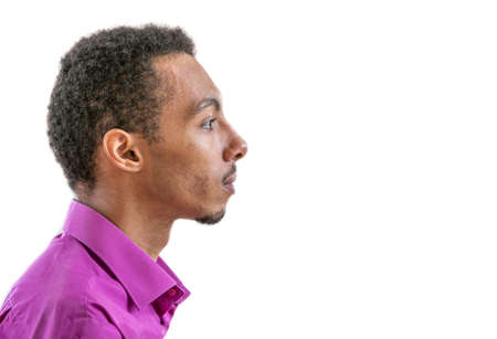 Head and shoulders profileportrait of young African American man purple shirt smiling business man