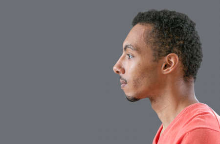 Head and shoulders profile portrait of young African American man wearing color sweater , casual business manの写真素材