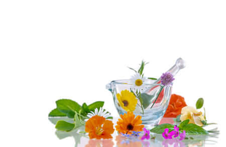 mortar and pestel with beautiful fresh medicinal flowers for alternative treatment on wooden background,の写真素材