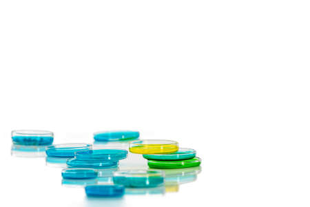 blue, green, yellow liquid and petri dish in a laboratoryの写真素材