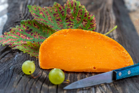 Piece of tasty mimolette cheese isolated on wooden backgroundの写真素材