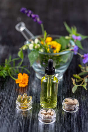Holistic medicine approach. Healthy food eating, dietary supplements, healing herbs and flowers....