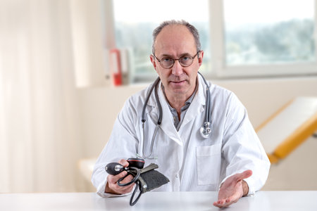 portrait of a doctor at hospital wearing protective maskの写真素材