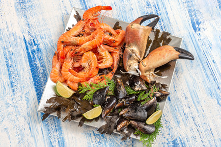 Plate of shellfish, seafood and musselsの写真素材