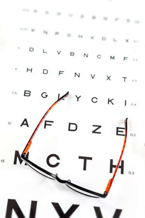 eye chart on tablet and the glass with E Standard Logarithm Eyesight Table on top of the light screenの写真素材