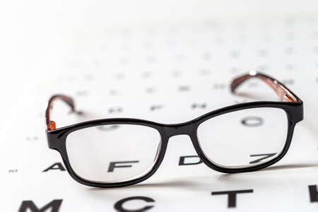 eye chart on tablet and the glass with E Standard Logarithm Eyesight Table on top of the light screenの写真素材