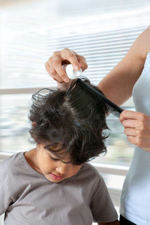 Mother treating daughters hair against lice. Head lice treatment for schoolchild.の写真素材