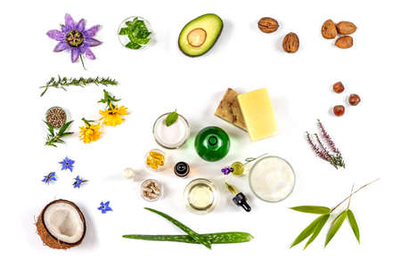 Vegetable, essential and cosmetic oils with their ingredientsの写真素材