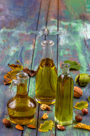 Walnut, almond and hazelnut oils -3 virtuous vegetable oilsの写真素材