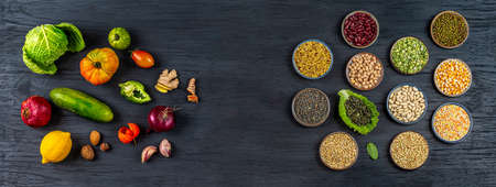 Seeds and cereals with fruit and vegetable selection