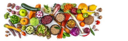 Organic fruits and vegetables seen from aboveの写真素材