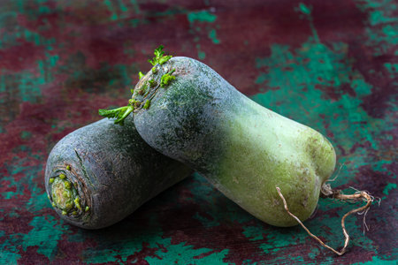 Green radish, ancient root vegetable. on wooden backgroundの写真素材