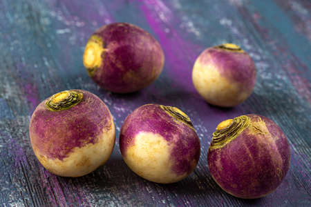 Fresh red turnip on wooden background- garden vegetableの写真素材