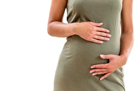 Close-up of a pregnant womans belly on a cropped white backgroundの写真素材