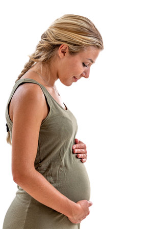 Pregnant woman in profile looking at her belly on a cropped white background.の写真素材