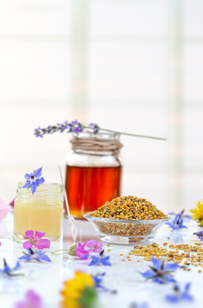 A variety of bee products. Honey, pollen, propolis, Apitherapy. Healthy products made by bees.の写真素材