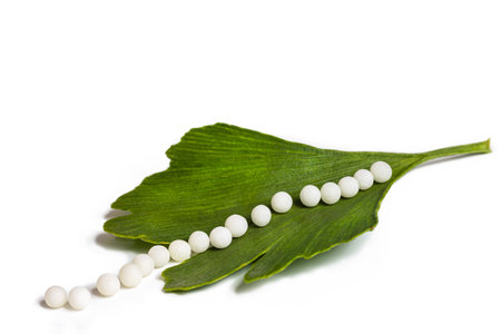 Homeopathy-Granules placed on a leaf of Ginkgo Bilobaの写真素材
