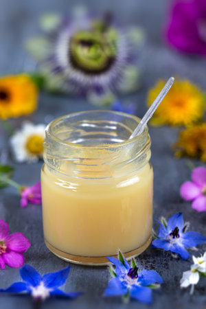 A variety of bee products. Honey, pollen, propolis, Apitherapy. Healthy products made by bees.の写真素材