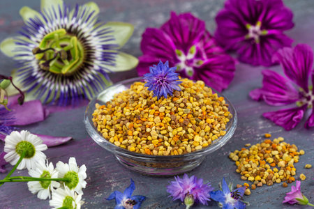 Pollen of flowers, dietary supplement, close-up in the middle of medicinal flowers.の写真素材