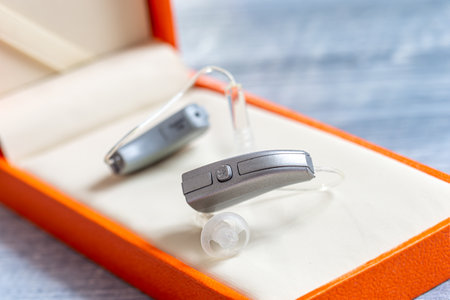 Hearing aids in close-up in a gift boxの写真素材