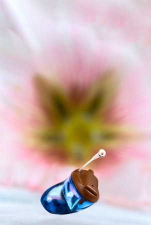 Close-up auditory rothesis with a flower in the background symbolizing the ear.の写真素材
