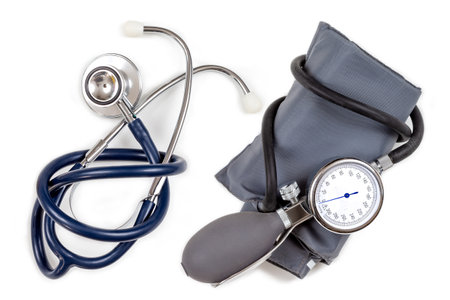 Blood pressure meter stethoscope, medical equipment isolated on whiteの写真素材