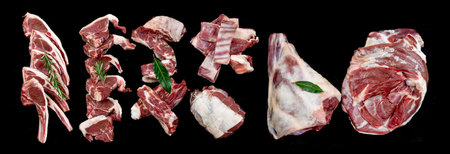 Panoramic of an organic half lamb in spare parts seen from above.の写真素材