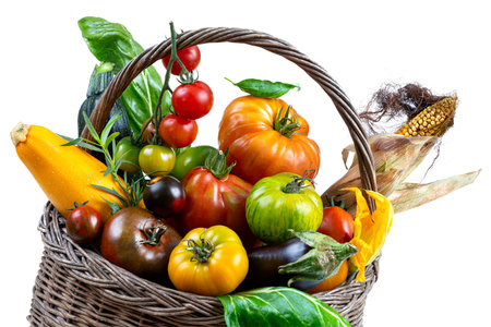 Basket with vegetables (cabbage, carrots, cucumbers, radish and peppers) in the hands of a farmer background of nature Concept of biological, products,の写真素材