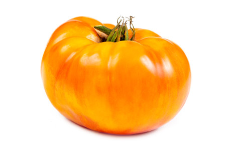 Whole yellow and orange tomatoes on white backgroundの写真素材