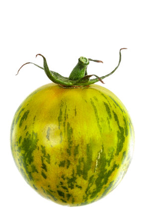 Whole fresh green zebra tomato close up and tomatoes in the backgroundの写真素材
