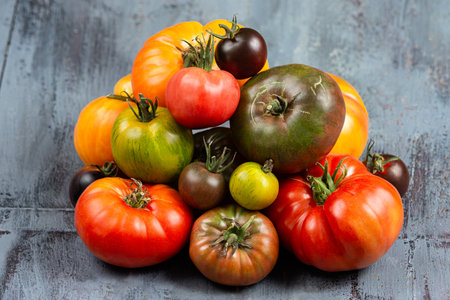Ole of harvested heirloom and heritage tomatoes from the garden allotment.の写真素材