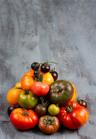 Ole of harvested heirloom and heritage tomatoes from the garden allotment.の写真素材