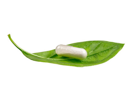 Close up view stevia leaves and pills used as a natural sweetener. Stevia rebaudiana.の写真素材