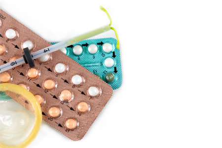 Pregnancy test and birth control pills , contraception and protection concept, health and medicine.の写真素材