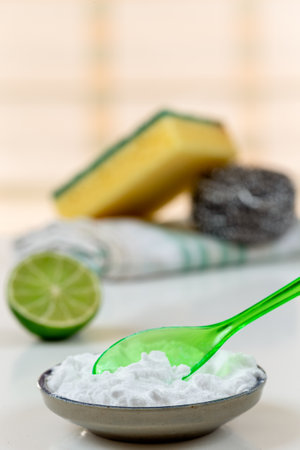 Baking soda, vinegar and cut lemons Materiel for non toic cleaningの写真素材