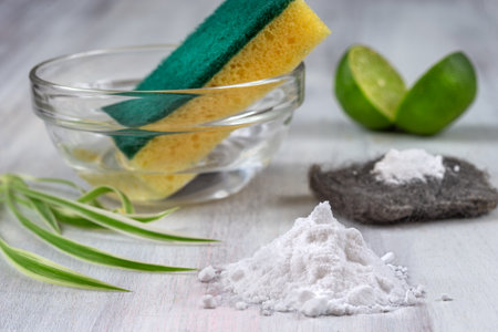 Baking soda, vinegar and cut lemons Materiel for non toic cleaningの写真素材