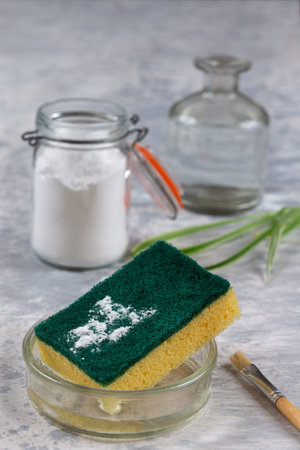 Baking soda, vinegar and cut lemons Materiel for non toic cleaningの写真素材