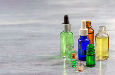 Various bottles Containters for Essential Oils and Natual Medicines Perfumesの写真素材