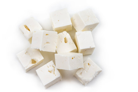 Feta cheese isolated on white background. With clipping path and full depth of field. Top view.の写真素材