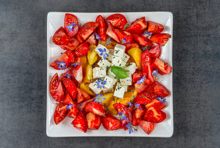 Salad of tomatoes with leaves feta cheese and basil isolated on a brown backgroundの写真素材
