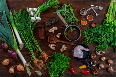 Chicken broth with pieces chicken and vegetables in a metal casserole and in a soup cup on dark wooden table, view from above, close-upの写真素材