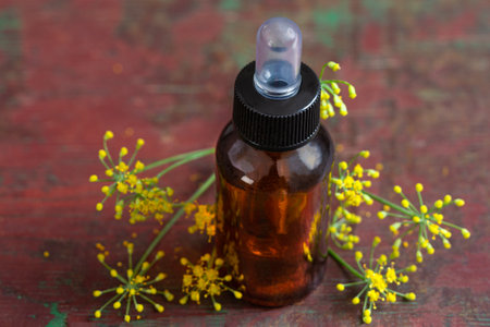 Glass bottle of fennel essential oil with fennel seeds and bulb on white wooden table. Herbs alternative medicine background conceptの写真素材