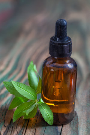 A bottle of common vervain essential oil with fresh blooming verbena officinalis plant wooden backgroundの写真素材