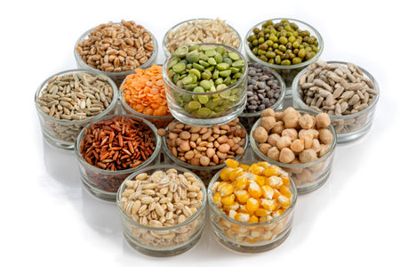 Assorted dried legumes and grains in glass bowls arranged in a decorative patternの写真素材