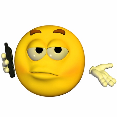 Illustration of a yellow emoticon holding a mobile phone isolated on a white backgroundの写真素材