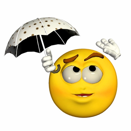 Illustration of a yellow emoticon holding an umbrella isolated on a white backgroundの写真素材