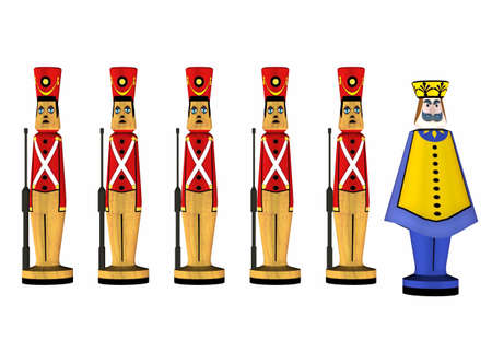 Illustration of a group of wooden soldiers isolated on a white backgroundの写真素材